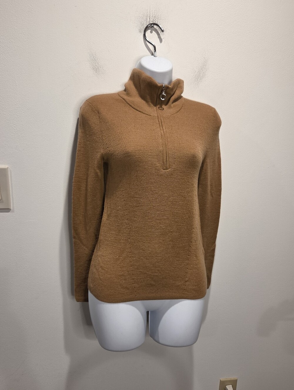 Lilysilk Size S Gaia Ribbed Half Zip Merino Wool Camel color Sweater